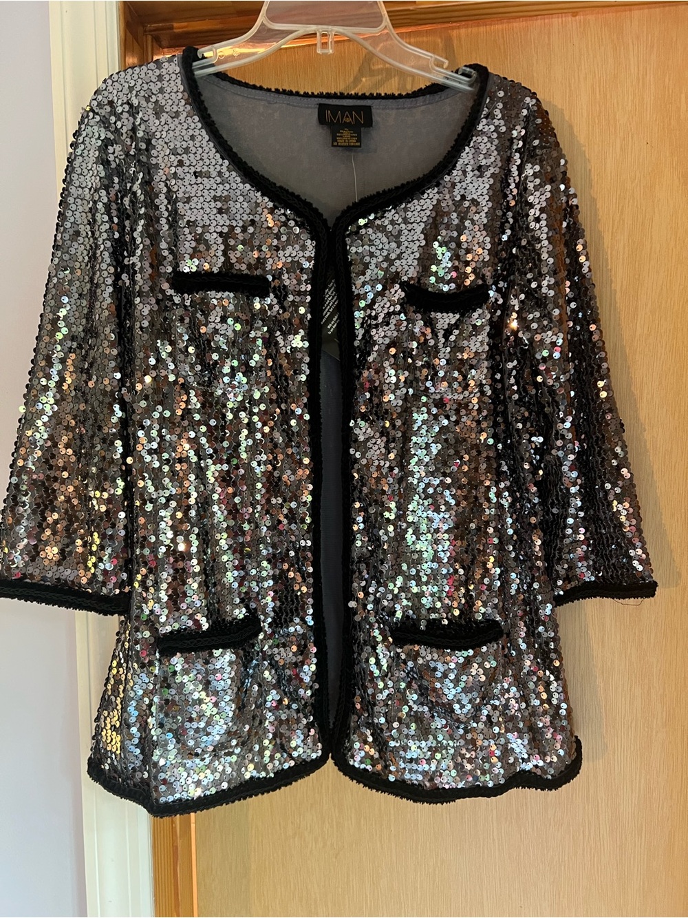 IMAN Silver Sequin Open-Front Jacket with Black Trim Accents